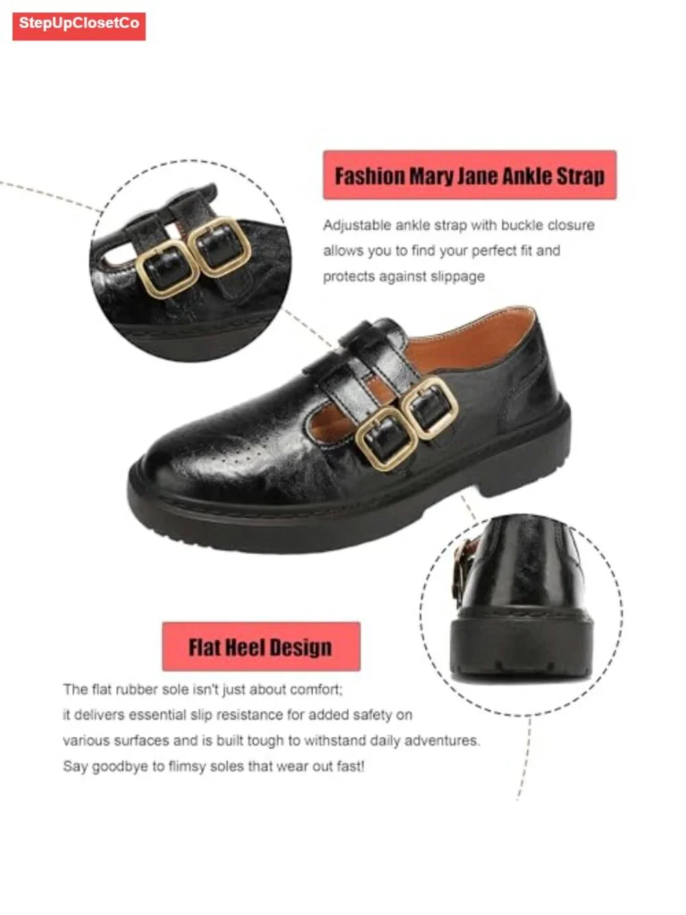 Women's Classic Comfort Mary Jane Flats - Breathable Vegan Leather, Adjustable